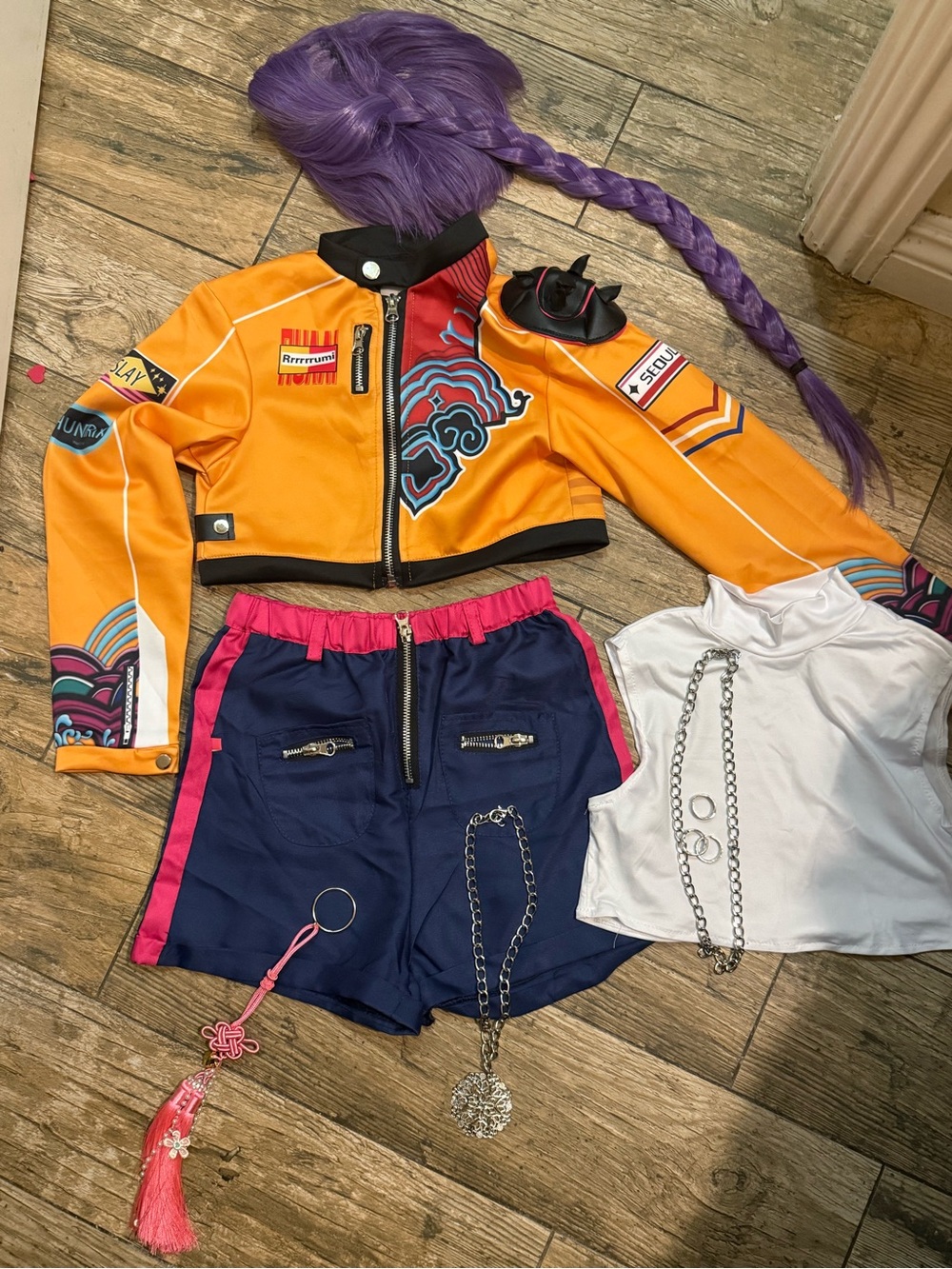 Kids Orange Racer Jacket & Navy Pink-Trim Shorts Costume Set with Purple Wig